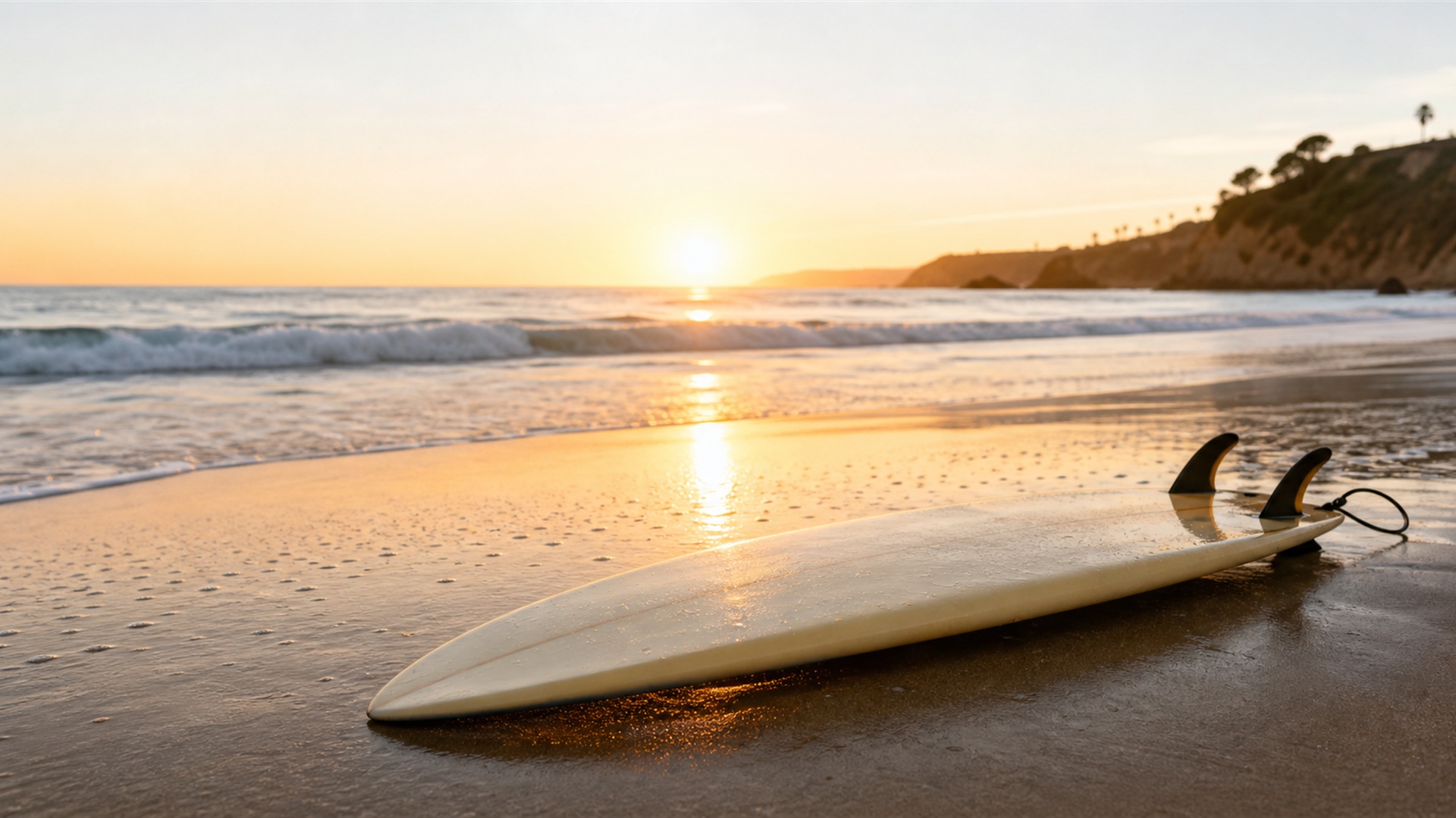 Planche de surf posée sur sable humide au lever du soleil