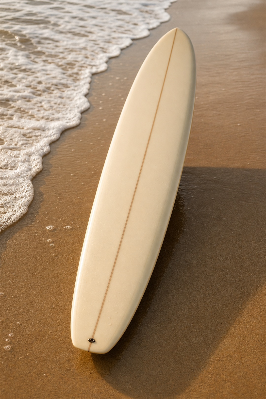 Longboard surf photographié sur sable humide